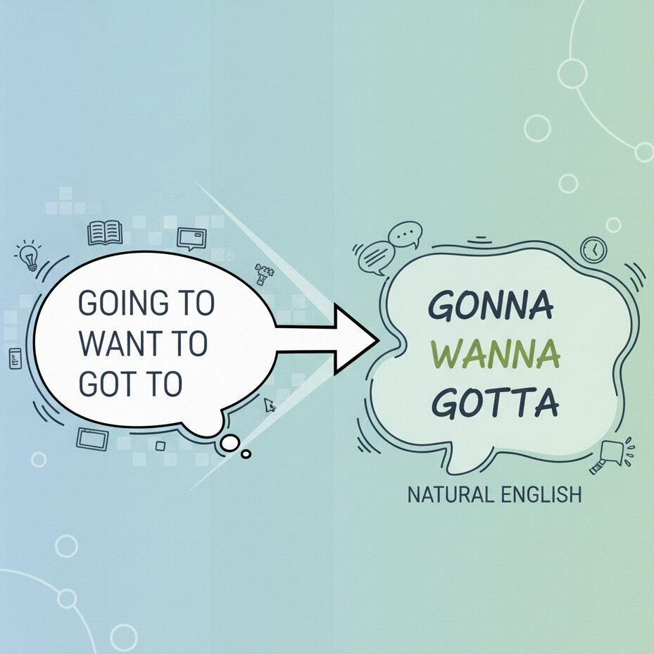 A minimalist graphic illustrating the transformation of full English phrases "Going to," "Want to," and "Got to" into their short forms "Gonna," "Wanna," and "Gotta," with a large arrow pointing from the full forms to the short forms. The background is a gradient of light green and blue, and various small doodle-style icons representing learning, conversation, and time are scattered around the main elements.