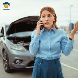 A woman with a confused expression talks on the phone in front of her broken-down car, illustrating a situation where she would say, "I dunno what happened." This image from read4more.com teaches the informal English contraction 'dunno' (don't know).