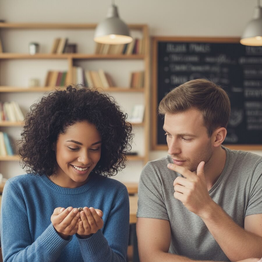 Two people playing a fun guessing game where one person holds a small, hidden mystery object in their hands for the other to guess, illustrating an English speaking exercise.