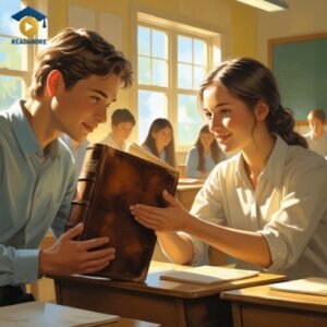 A male student hands a large book to a female student in a classroom, illustrating the informal English request, "Gimme your book, please." This image from read4more.com is a visual aid for the spoken contraction 'gimme' (give me).