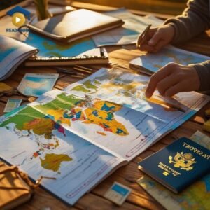 A person planning a trip on a wooden table with maps spread out and a passport nearby, illustrating the future plan "I'm gonna travel next month." This image from read4more.com is a visual aid for the spoken English contraction 'gonna' (going to).