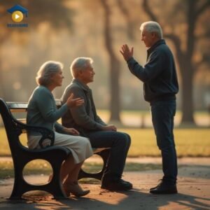 An older man standing up to say goodbye to his two friends on a park bench, illustrating a situation where someone would say "I've gotta go now." This image is a visual aid from read4more.com for teaching the spoken English contraction 'gotta' (got to).