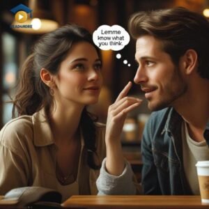 A man and a woman having a conversation, with a speech bubble showing the man thinking "Lemme know what you think." This image from read4more.com visually explains the informal English short form 'lemme' (let me) for students of conversational English.