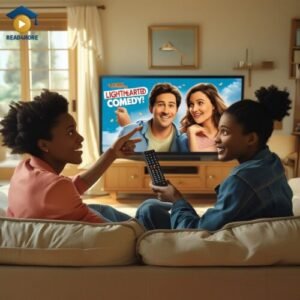 Two young women are sitting on a couch and choosing a comedy to watch on TV, illustrating a conversation where one might ask, "Do you wanna watch this?". This image is a visual aid on read4more.com for the spoken English contraction 'wanna' (want to).
