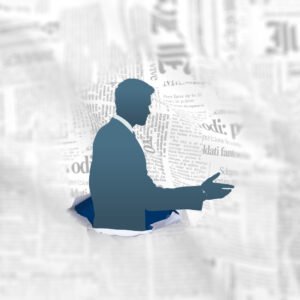 A silhouette of a business professional emerges from a background of text while presenting, symbolizing the communication skills taught in the free Business English Demo lesson from read4more.com.