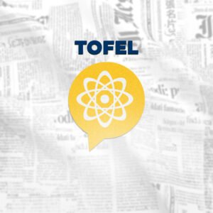 The official product image for the 'TOEFL Essentials Pack' from read4more.com. An atom icon symbolizes the academic focus of this 10-lesson online TOEFL (and TOFEL) preparation course.