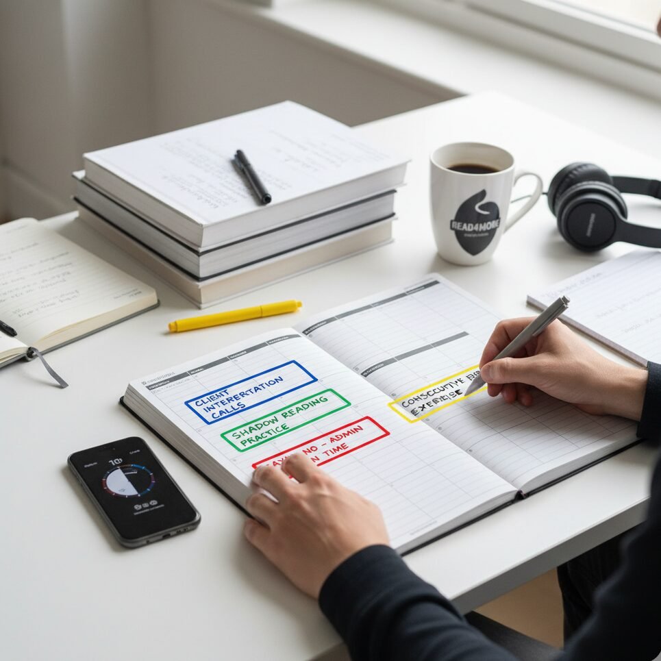 A professional managing their schedule effectively using the time blocking technique in a physical planner, a key skill from the Read4More time management and interpretation lesson.