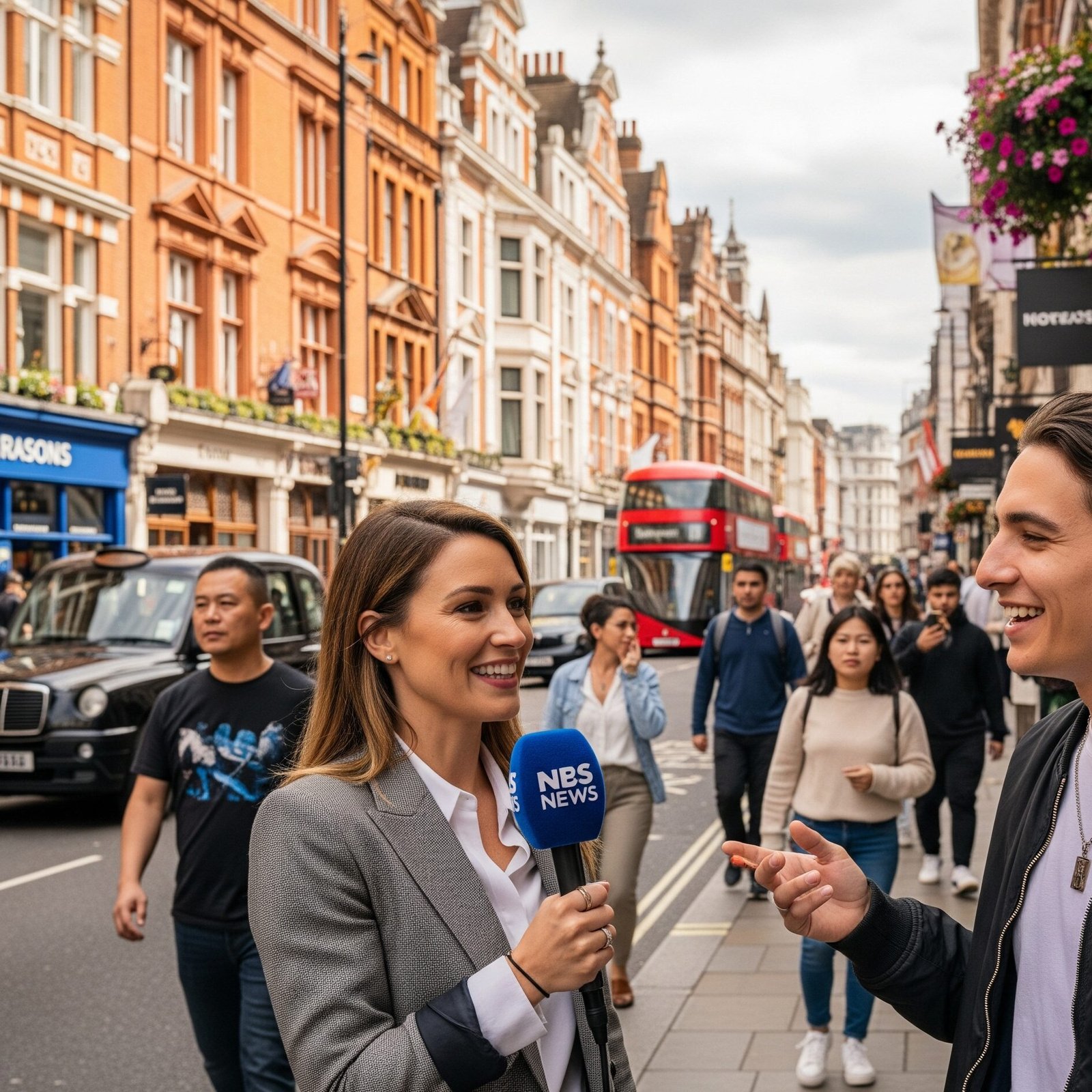 A woman with a microphone interviews a person on a sunny, bustling London street for an English lesson on how to describe places.