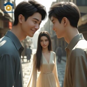 An ambiguous image of two men smiling at each other with a woman between them, illustrating a complex situation where feelings might be described using the informal English word 'kinda' (kind of). This visual is a vocabulary aid from a read4more.com conversational English lesson.