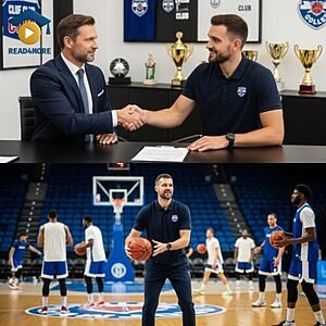 A collage showing a professional handshake over a contract and a coach leading basketball training, visually defining the English adjective "responsible" (doing duties) for the Read4More online glossary.
