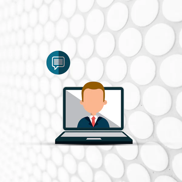 A graphic icon of a student on a laptop with a text bubble, representing the communication practice in the 'Small Pack' from read4more.com. This is a short, 5-lesson course to improve the English skills of learners in the Netherlands.