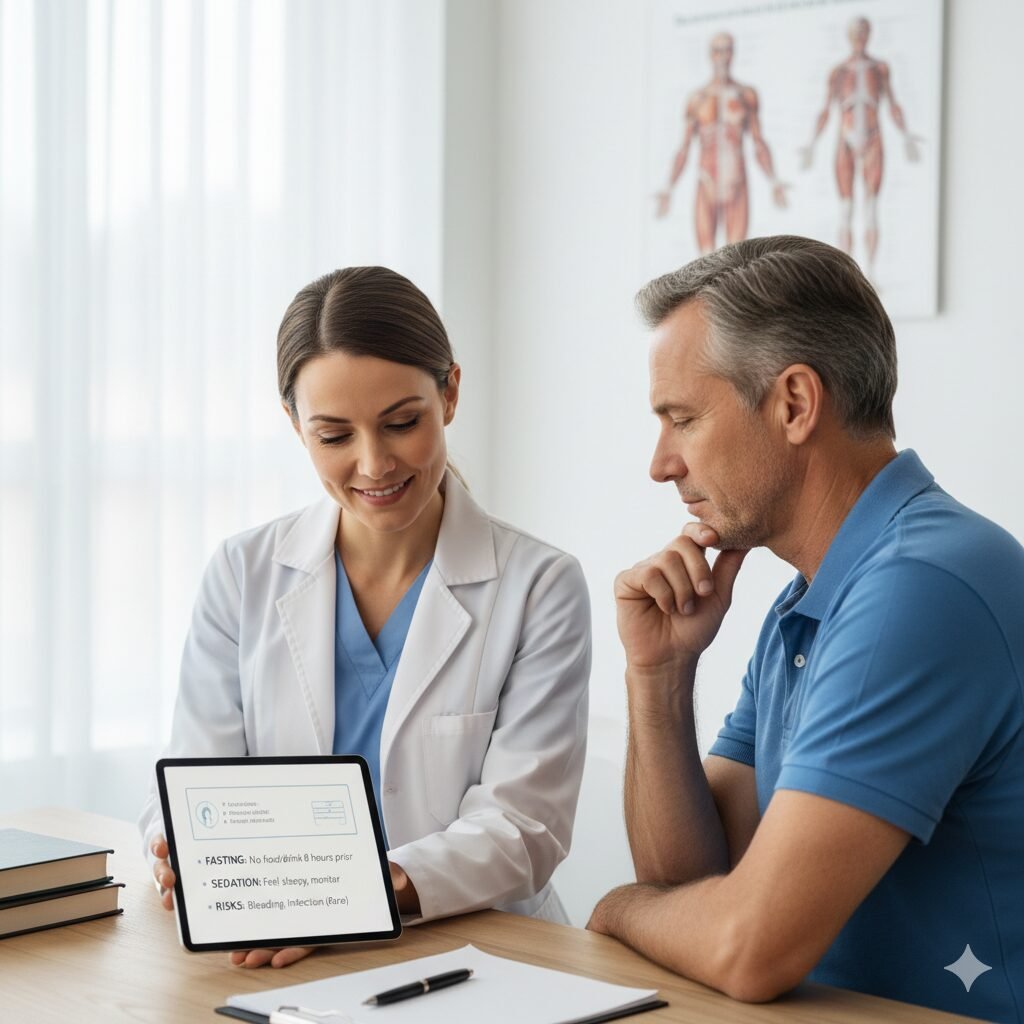 A female doctor with a reassuring smile explains pre-procedure instructions on a tablet to an attentive male patient in a bright, modern clinic, demonstrating clear communication for informed consent.