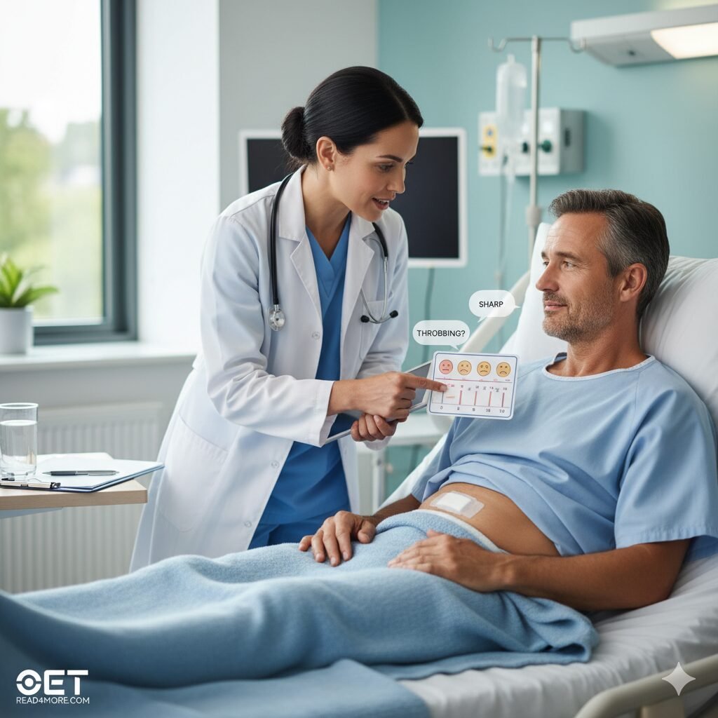 A doctor performs a post-surgery pain assessment on a patient in a hospital bed, demonstrating key communication skills for the OET Speaking and Listening exam focused on medical English.