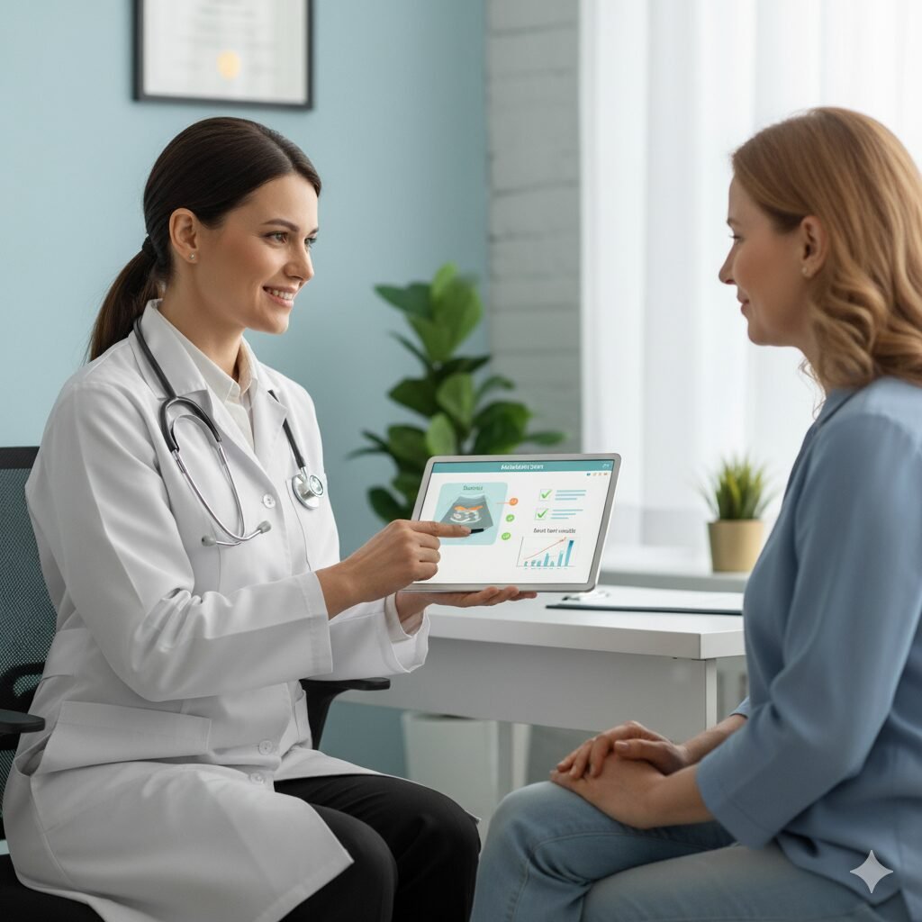 A doctor compassionately explaining medical test results on a tablet to a reassured patient. This image represents a lesson on doctor-patient communication for the OET exam on read4more.com.