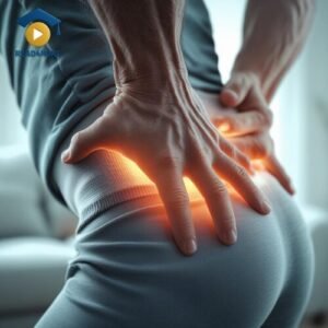 A man holds his lower back in pain, with a glowing red graphic indicating the source of the sudden and severe acute pain. This image from read4more.com is for a medical English lesson on describing symptoms for the OET exam.