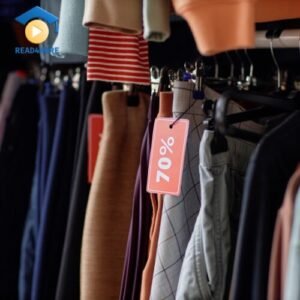A red sale tag showing a 70% discount hangs from clothes on a rack, visually representing the word 'cheap'. This image is from a read4more.com beginner's English lesson on vocabulary for shopping.