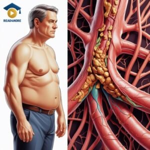 A medical illustration explaining cholesterol. The image shows a middle-aged man on the left and a close-up of his arteries on the right, narrowed by yellow cholesterol plaque. This visual aid from read4more.com is for an OET Medical English glossary.