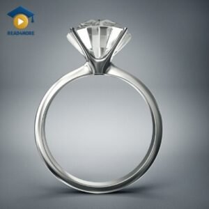 A silver diamond ring shown from the side, with the band forming a perfect circle. This image is a visual aid from read4more.com for a beginner's English lesson on how to describe shapes.