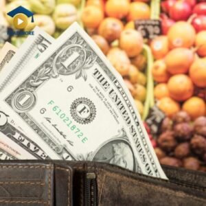 A leather wallet with US dollar bills sticking out, ready to pay the cost of groceries at a market. This image is a visual aid from read4more.com for a beginner's English lesson on shopping and money.