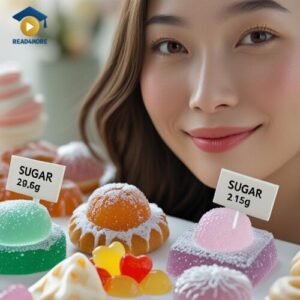A young woman smiles behind an assortment of colorful sweets which have labels showing their high sugar content in grams, illustrating the concept of 'dietary intake'. This image from read4more.com is for an English lesson on health and nutrition vocabulary for IELTS and OET students.