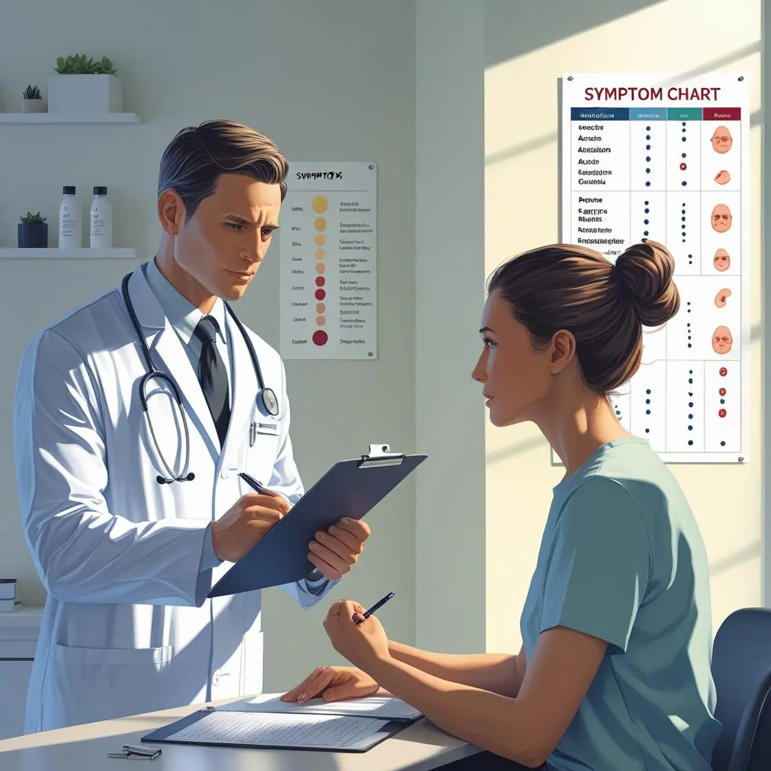 A doctor and a nurse review a patient's chart and a symptom chart on the wall, illustrating the process of taking a patient history and describing symptoms for the OET Speaking sub-test. This is a featured image for a medical English lesson on read4more.com.