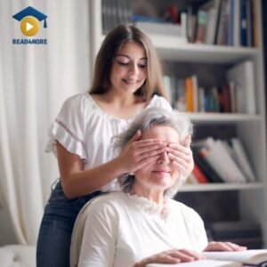 A granddaughter playfully covers her grandmother's eyes from behind, creating a surprise and prompting her to 'guess' who it is. This image from read4more.com is a visual aid for a beginner's English lesson on conversational verbs.