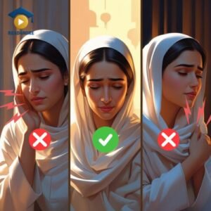 A three-panel collage visually defining the word 'intermittent': a woman is shown experiencing pain, followed by a panel showing relief, and a final panel showing the pain returning. This image from read4more.com is for a medical English lesson on describing patient symptoms for the OET.