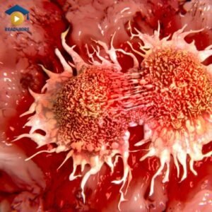A medical illustration of a malignant cell, showing a cancerous, dangerous growth. This image is used to teach essential OET medical English vocabulary on read4more.com, helping doctors and nurses prepare for their OET exam.
