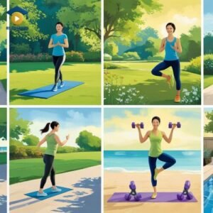 A four-panel collage showing a woman enjoying different types of moderate exercise: doing yoga in a park, walking on a path, and lifting light weights by the beach. This image from read4more.com illustrates a vocabulary lesson on healthy lifestyles for IELTS and OET students.