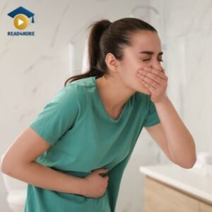 A young woman in a bathroom experiences severe nausea, holding her stomach and covering her mouth as if she is about to vomit. This image is a visual aid from read4more.com for a medical English lesson on describing patient symptoms for the OET.