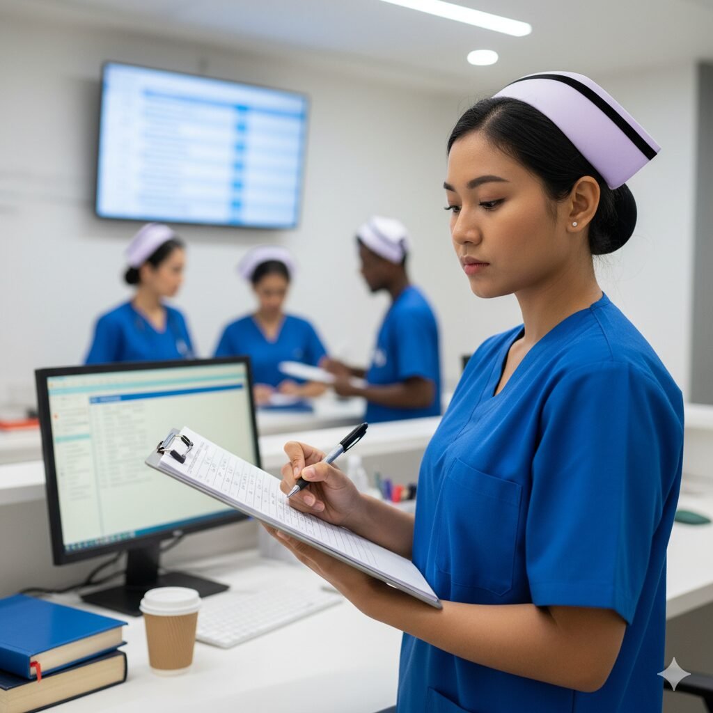 A nurse in blue scrubs carefully writes a patient handover note on a clipboard at a well-lit hospital nursing station, demonstrating a key skill for the OET exam.