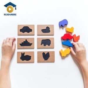 A child's hands play with a shape-sorting puzzle, matching colorful wooden objects (car, duck, ship, elephant) to their stencils. This image from read4more.com is a visual aid for a beginner's English lesson on basic nouns.