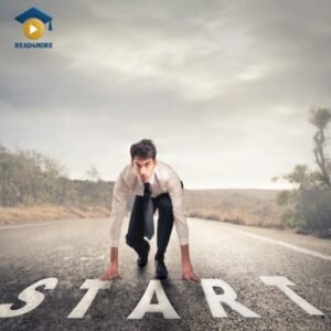 A man in a starting position on a road with the word 'START' painted on it, symbolically representing the 'onset' or beginning of a medical symptom. This image is from a read4more.com lesson on taking a patient history for the OET exam.