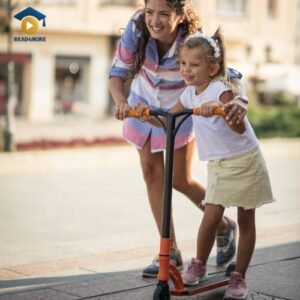 A mother shows persistent encouragement while helping her daughter learn to ride a scooter, illustrating the concept of something that continues. This image from read4more.com is for a medical English lesson on describing persistent symptoms for the OET exam.