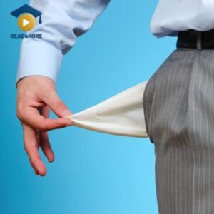 A man pulls out his empty trouser pocket, a small bag inside clothing for carrying items. This image from read4more.com is a visual aid for a beginner's English lesson on parts of clothing.