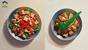 A side-by-side comparison image showing a large, incorrect food portion with a red 'X' and a smaller, correct portion size with a green checkmark. This visual from read4more.com teaches healthy lifestyle vocabulary for IELTS and OET students.