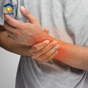 A man holds his wrist in discomfort, with a graphic of orange concentric circles spreading outwards to illustrate the concept of radiating pain. This image from read4more.com is for a medical English lesson on describing symptoms for the OET.