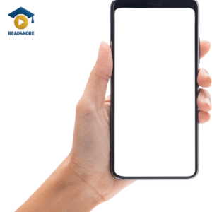A hand holds a smartphone, showing its blank white screen to clearly illustrate the rectangular shape. This image is a visual aid from read4more.com for a beginner's English lesson on describing shapes.