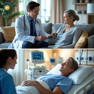 A two-panel image illustrating a medical referral. The top panel shows a doctor making a referral to a patient during a consultation. The bottom panel shows the patient receiving care in a hospital as a result. This visual aid from read4more.com is for an OET medical English glossary.