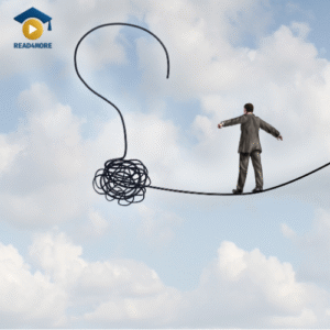 A symbolic image of a businessman walking a tightrope that turns into a tangled question mark, representing the uncertainty and danger of a 'risk factor'. This visual from read4more.com is for a medical English lesson on explaining health risks for the OET exam.