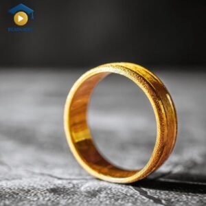 A close-up photograph of a golden ring standing on its edge, showing its perfectly round shape. This image is a visual aid from read4more.com for a beginner's English lesson on how to describe shapes.