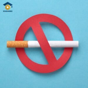 A no-smoking sign, with a red circle and slash over a cigarette, visually represents the medical term 'smoking cessation' (stopping smoking). This image is for a read4more.com lesson on giving patient advice for the OET exam.