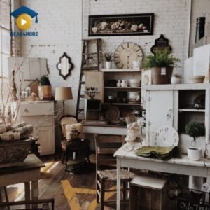 The inside of a vintage shop, which is filled with many different things, such as furniture, clocks, mirrors, and plants. This image from read4more.com is a visual aid for a beginner's English lesson on basic nouns.