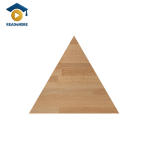 A wooden triangle shape on a white background, used as a visual aid to teach the English word 'triangle' in a beginner's vocabulary lesson on read4more.com.