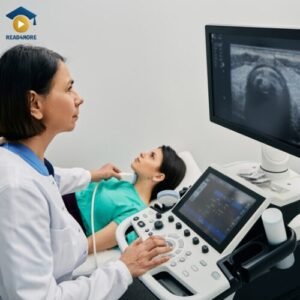 A female doctor performs a neck ultrasound on a patient, with the resulting sonogram visible on the monitor. This image serves as a visual guide for the term 'ultrasound' in a medical English glossary for students preparing for the OET exam on read4more.com.