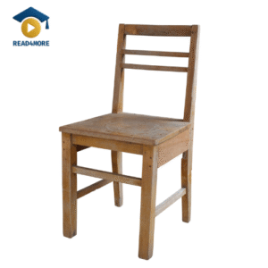 A simple, light-brown wooden chair on a white background, used as a visual aid to teach the English adjective 'wooden' in a beginner's vocabulary lesson on read4more.com.