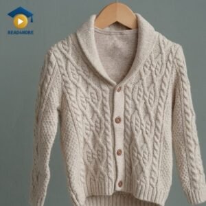 A cozy, off-white knitted child's sweater made of wool, hanging on a wooden hanger. This image is a visual aid for a read4more.com beginner English lesson on describing the materials of clothing.