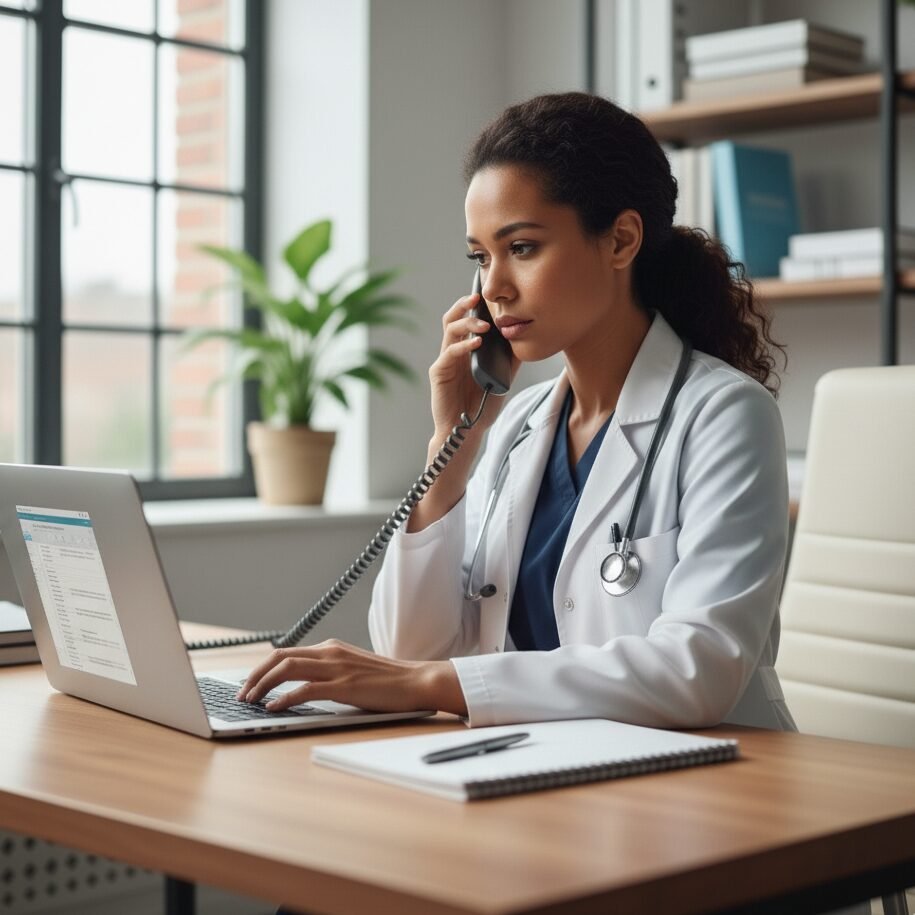 A doctor, dressed in a white coat and with a stethoscope around her neck, is seated at her desk in a well-lit medical office. She holds a pen in one hand and a notepad in the other while speaking on a landline telephone, her expression focused and serious.