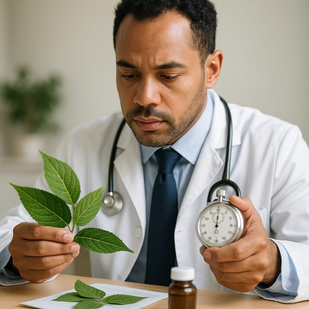 Doctor scanning multiple prescription leaflets quickly under exam time pressure for OET Reading practice.