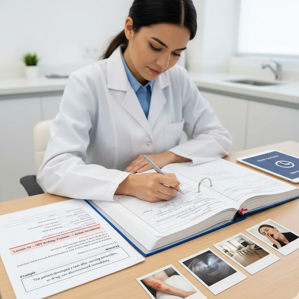 A doctor in a white coat sits at a desk and writes in a patient's medical file, demonstrating the process of documenting a problem and action for OET writing practice.